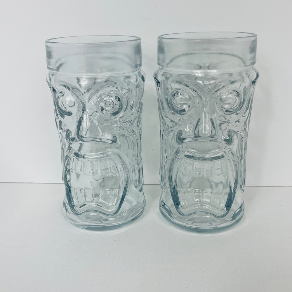 Anchor Hocking Tiki Mug Set of 2 Clear Glass Molded Face 16oz Tropical Excellent - Picture 6 of 10